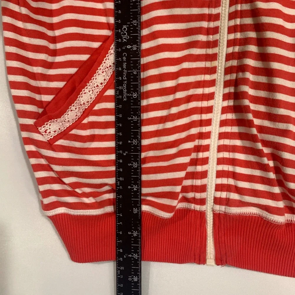 VTG Striped Bomber Jacket Lace Detail Pockets Red White Multi Media Sport Size L
